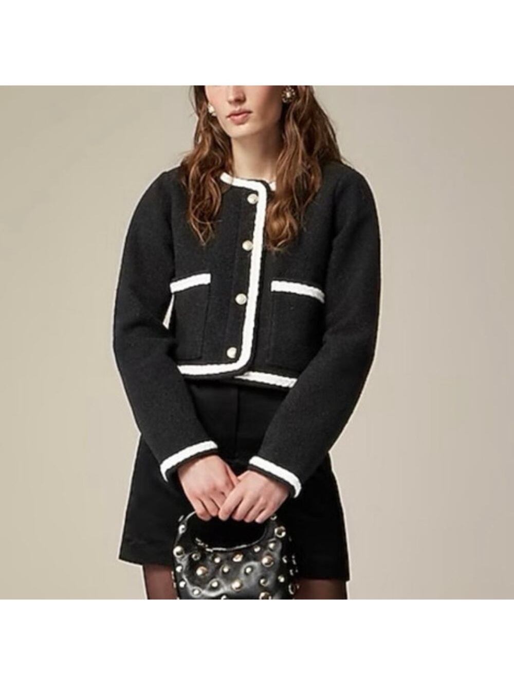 J.Crew Cropped Boucle Yarn Lady Black/White Fleece Boxy Jacket Size Xl